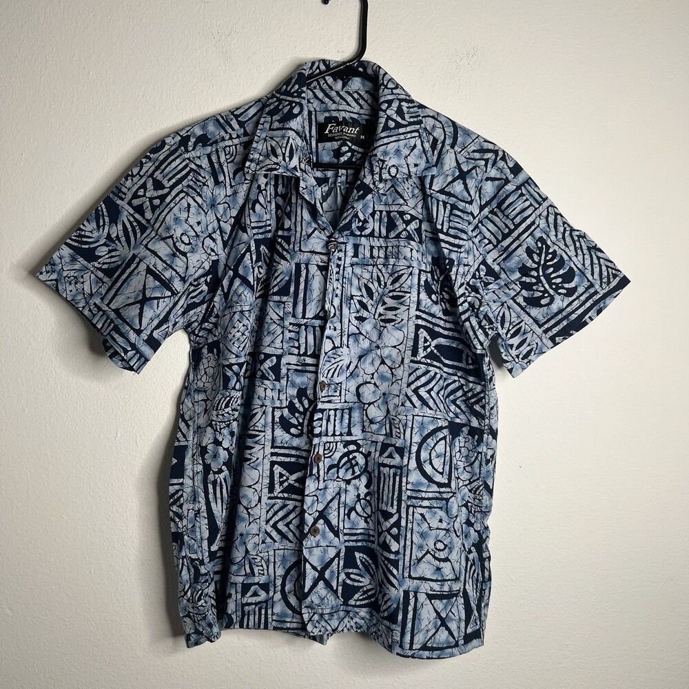 Favant Shirt Mens Medium M Blue Floral Short Sleeve Button Up Hawaiian